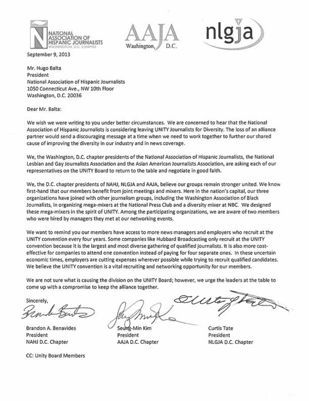 Joint Letter from D.C. Chapter Presidents of NAHJ, AAJA, and NLGJA to UNITY Board Members
